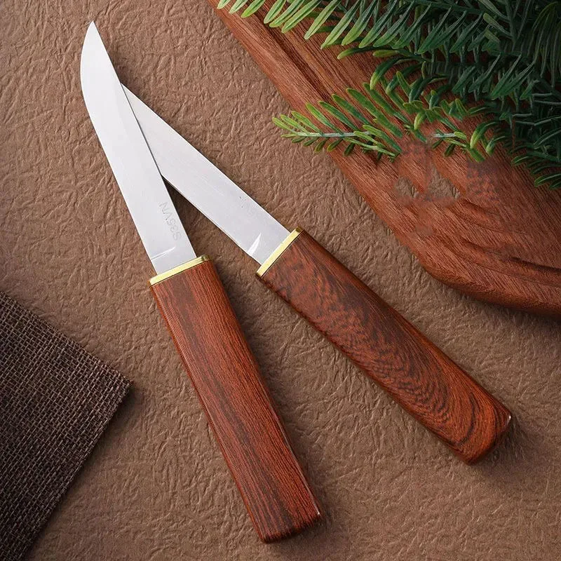 Double Ddged EDC Kitchen Fruit Imitation Wood Handle Knife with Wooden Sheath Outdoor Camping Multifunctional Unpacking Knife