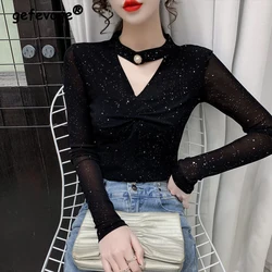 Sexy Hollow Mesh Sheer Elegant Chic Glitter Fashion Party Club Basic T Shirt Women V-Neck Long Sleeve Black Top Female Clothing