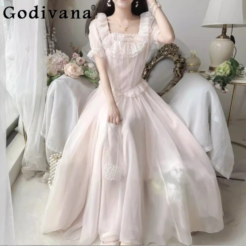 

Spring Summer French Sweet Elegant Heavy Industry Long Dress Fashion High Waist A-line Square Collar Girl Pink Big Swing Dresses