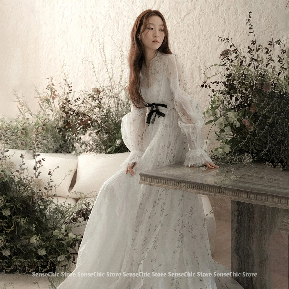 2025 Wedding Dresses Korea Simple Long Sleeve Tulle Photo Shoot Formal Bridal Gowns Tiered Puffy Reception Dress Customized