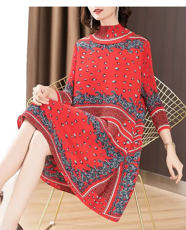 Robe rétro surdimensionnée automne 2025 mode col haut imprimé ample a-ligne robes De Mujer Elegantes Para Fiesta