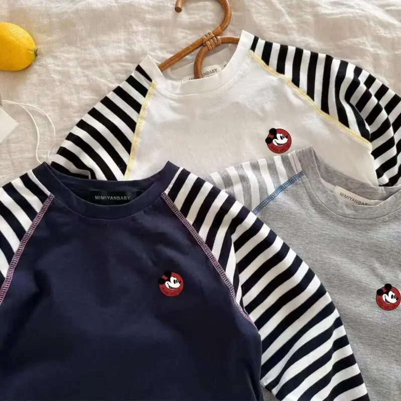 

Детская футболка с длинным рукавом в полоску, новая, с мультяшным принтом, контрастных цветов, с круглым вырезом, повседневная, модная, универсальная, с изображением Микки