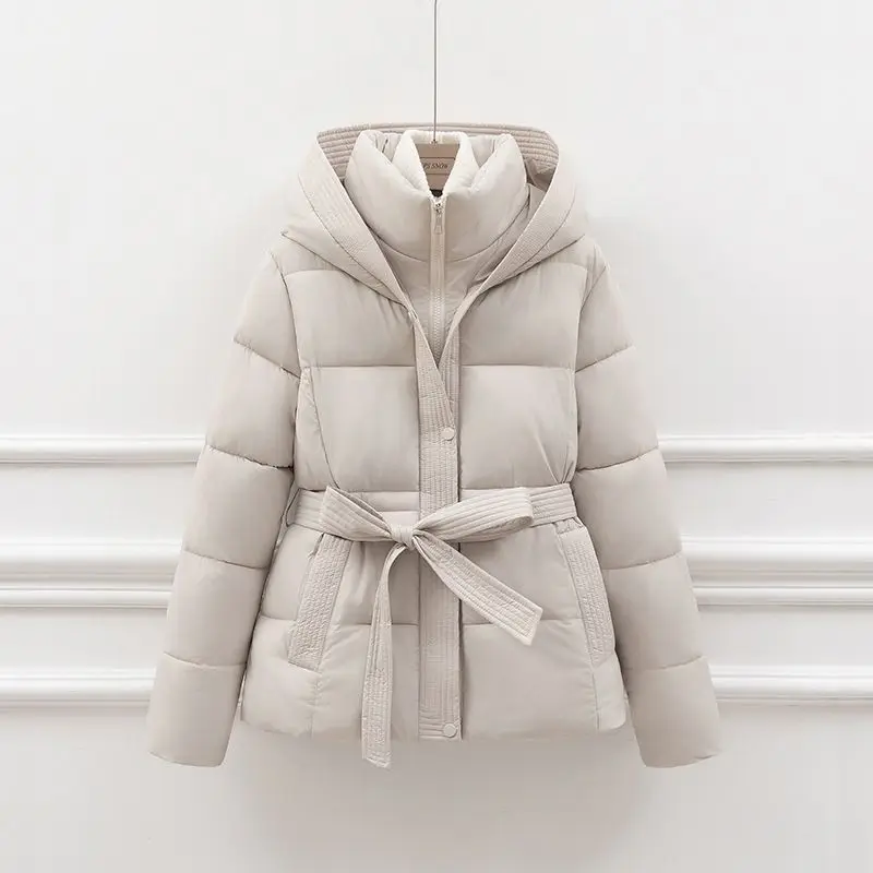 High End Down Cotton Jacket for Women Winter 2026 Fashion Slim Thicken Hooded Bread Coat Female Warm Parka Overcoat With Belt