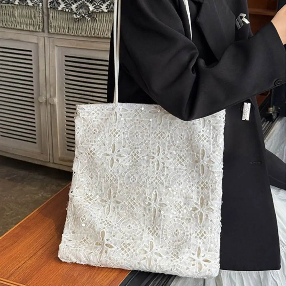 

French White Sequin Lace Embroidery Shoulder Bag Summer Large Capacity Hollowed Out Handbag Tote Bag for Women