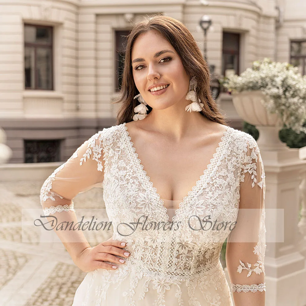 Abito da sposa Boho con scollo a v per donna abito da sposa con Applique in pizzo a tre quarti Tulle a-line Sweep Train Vestido De Novia personalizzato