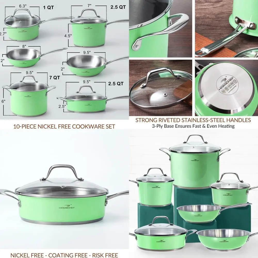 

Mint Green 10-Piece Stainless Steel Cookware Set - Non-Toxic, Induction-Ready, Nickel-Free Pots and Pans