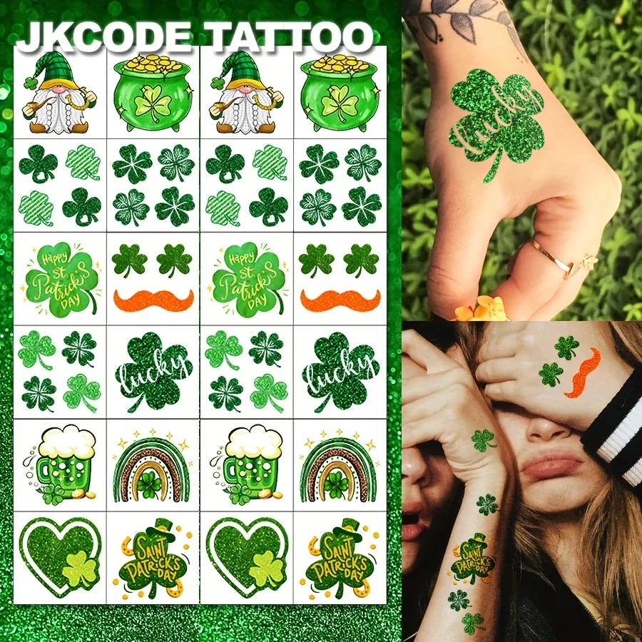 

Waterproof Mehndi Design Temporary Tattoos, St. Patrick's Day Tattoo 24Pcs, Lucky Shamrocks, Leprechauns, Green Glitter Tattoo