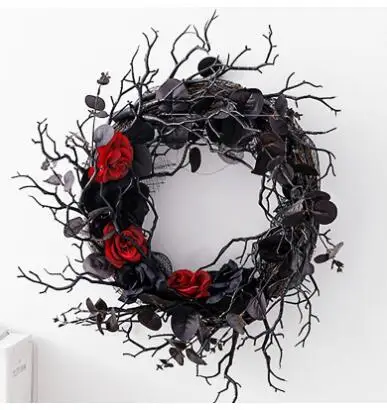 Black Halloween Wreath With Plastic Branches And Synthetic Flowers Beautiful Decorative Floral Solar Christmas Wreaths Outdoor