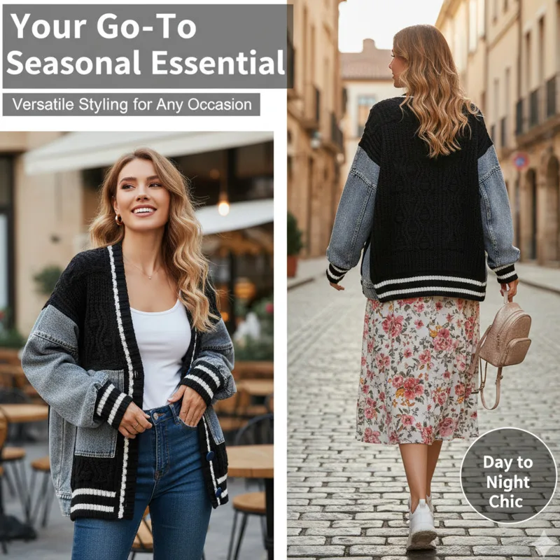 

Harajuku Denim Sweater Cardigan Jacket Top Retro Women Lazy Knitwear Fall Winter Oversized Casual Coat Vintage Loose Fit Top New