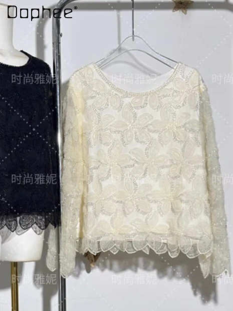 

Socialist Heavy Sequin Beaded Pearl Versatile Loose Short Sleeve Top Vintage Sweet Floral Round Neck Long Sleeve Top Women Trend