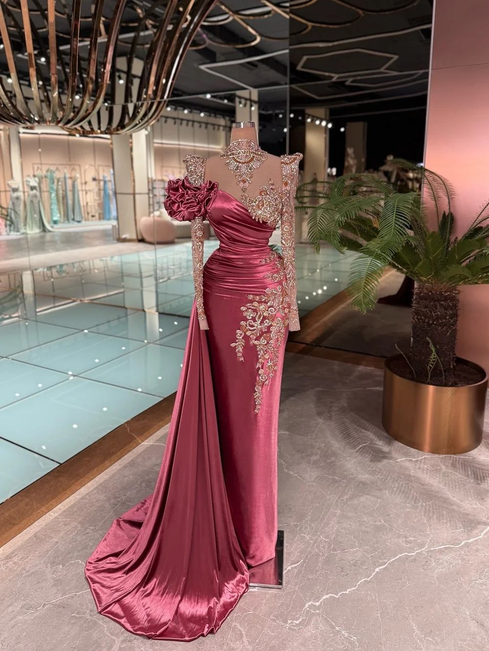 

Luxurious Long Sleeved Evening Dress Romantic Three Dimensional Flower Evening Gown Charming A Line Floor Length Party Gown