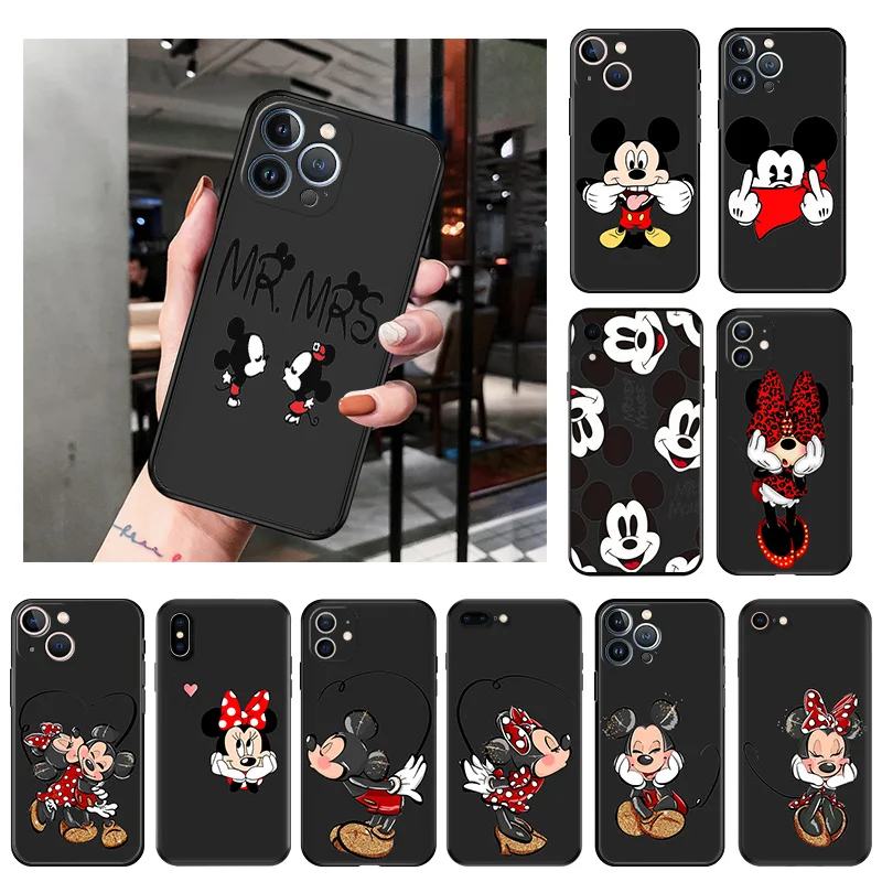 Matte Phone Case For iphone 16 Plus 15 14 13 12 11 Pro Max Mini 7 8 XR 16Pro XSMax Cute Minnie Mickey Mouse Black Soft Cover