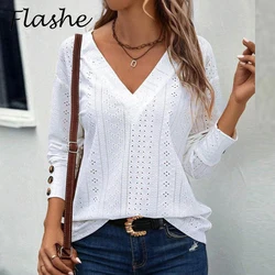 Spring Autumn Fashion Women Blouses Shirts For Women Casual V Neck Long Sleeve White Shirt Women Office Tops Pullover