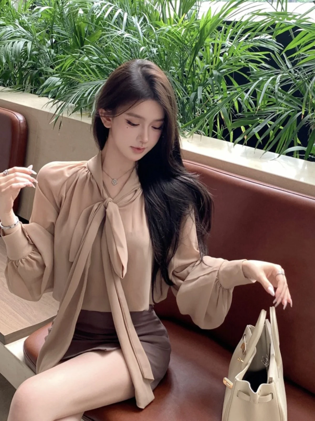 Women's Long Sve Chiffon irt  Knot Waist Cinching Loose Personali Top Commute Sle Polyester Fiber Pure Color