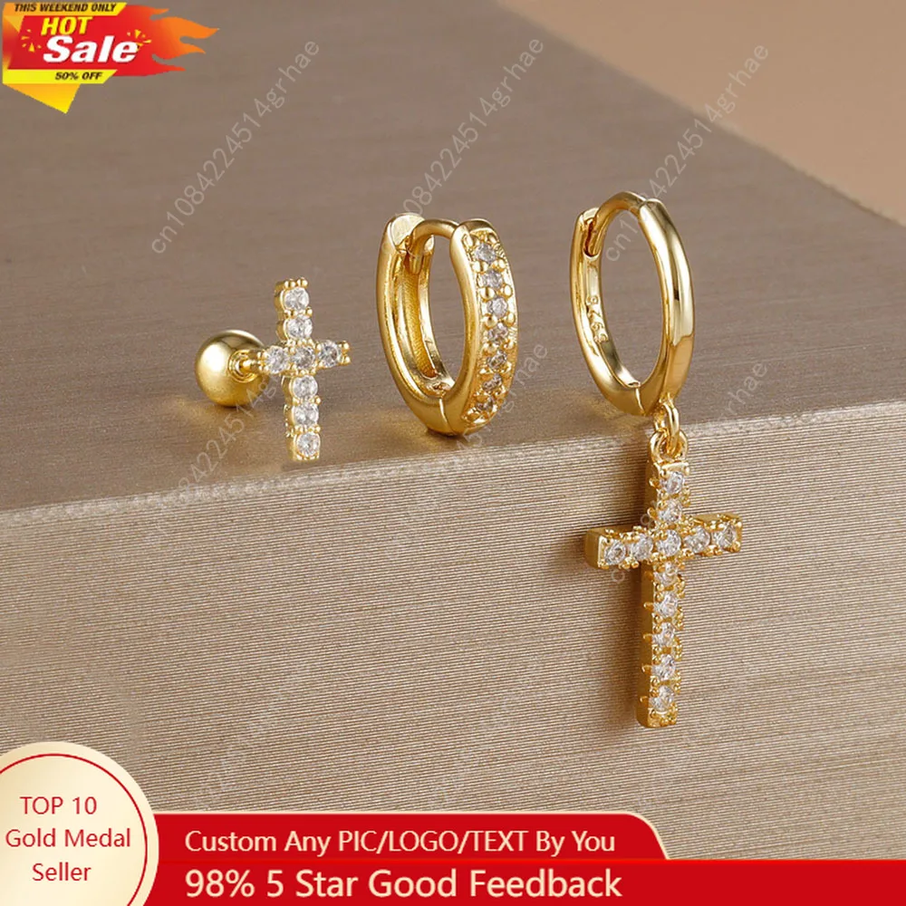 

3PCS Zircon Cross Hoop Earrings Set For Women Girls 2025 Trendy Stainless Steel Cross Earring Wedding Aesthetic Jewelry aretes