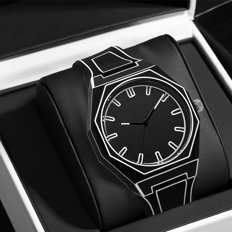 A men's black tape luminous design anime cartoon line style Japanese personality trend cool quartz wristwatch