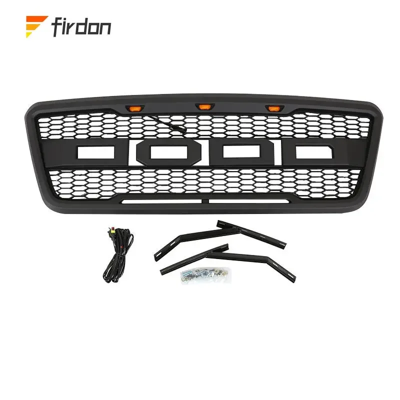 Matte Black/Gray Front Hood Mesh Grille Amber 3x LED Car Bumper Grille Fit For Ford F150 2004-2008