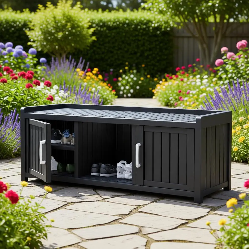 

Всепогодная скамья для хранения обуви из смолы с регулируемыми полками для использования в помещении и на улице, черная