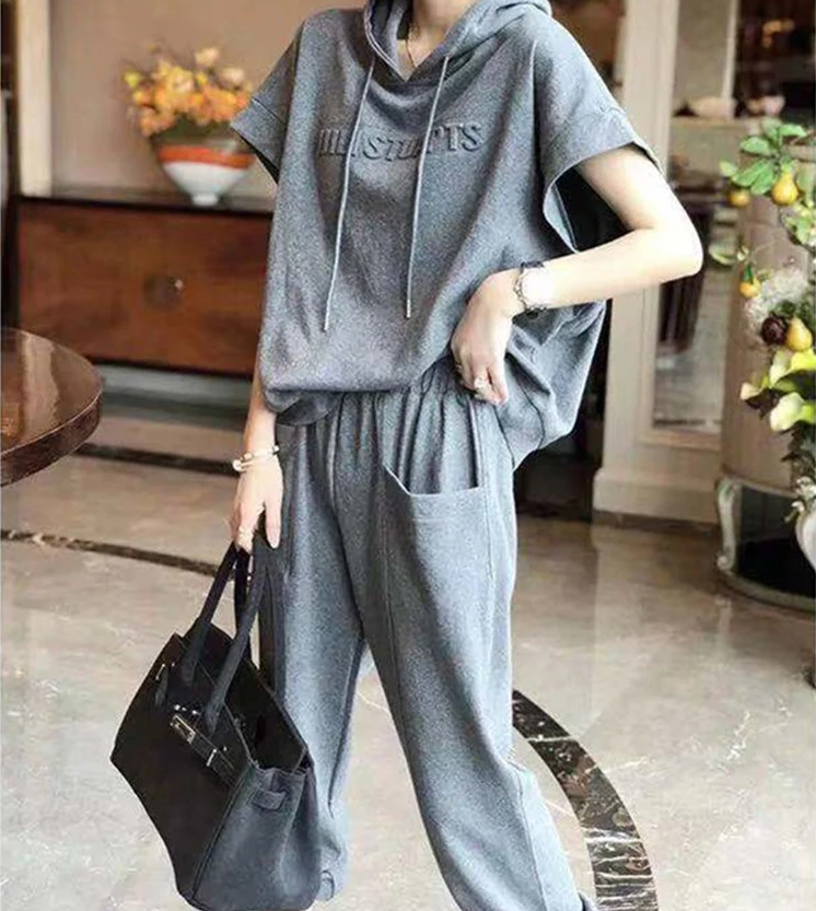 

Summer Casual Loose Thin Running Suit Women's Large Size MM Two-Piece Set Hooded Sportswear Comfortable Breathable Polyester