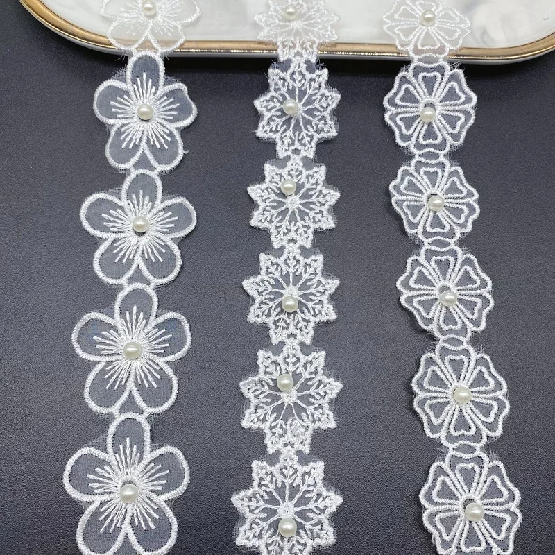 

10Yards Snowflake Pearl Beaded Flower Lace Fabric Trim Ribbon Tassels For Apparel Sewing Bridal Wedding Dress Collar Doll Cap