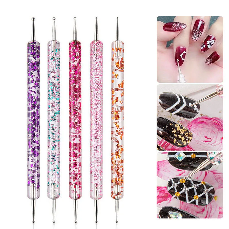 Portátil Nail Art Dotting Pen com Crystal Beads Handle, Dual-Ended Desenho, Pintura Strass, Gems Canetas, Ferramentas de Manicure, 5PCs por conjunto
