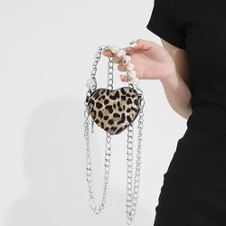 Mini Leopard Print Heart Shape Bag Women's Evening Clutch for Party Luxury Designer Brand Trend 2024 Girl Handbag with Beads