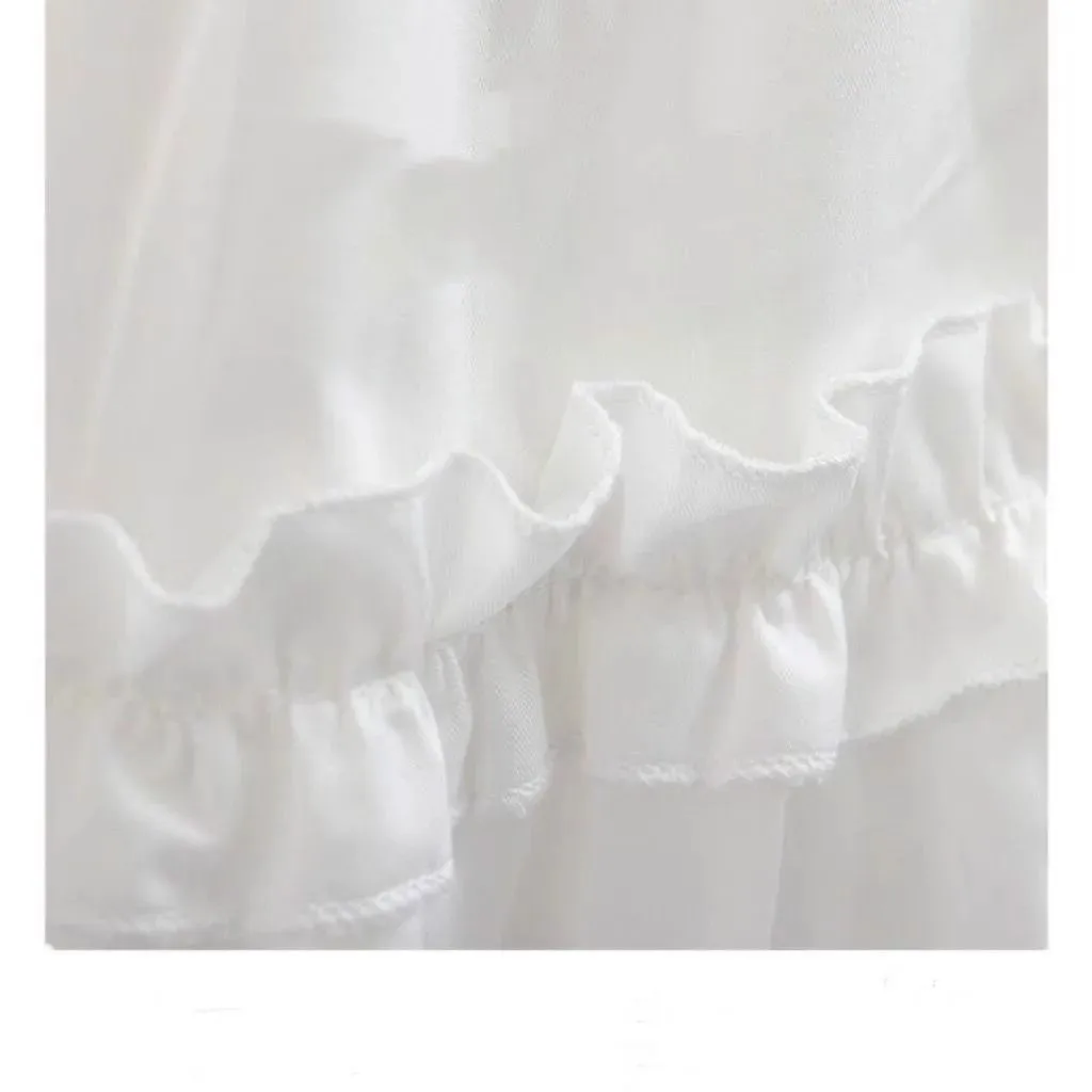 White Puffy Half-length Skirt Women's Spring Summer Pleated High-waist Gored Umbrella Cake Skirt Cute Mid-length Polyester Co...