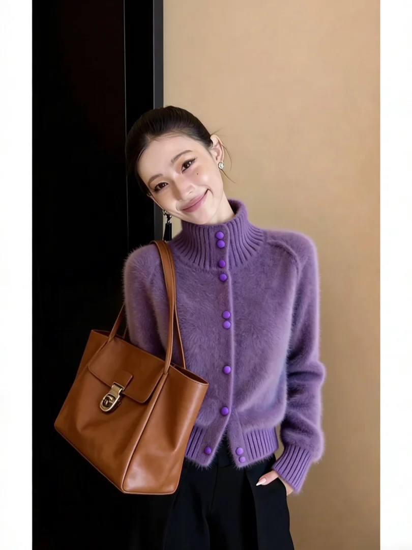 

Unique Beautiful Korean Sle Purple Knitted Open Cardigan ort Winter Faion Inner Wear Top Ele Luxury Fem Sweater