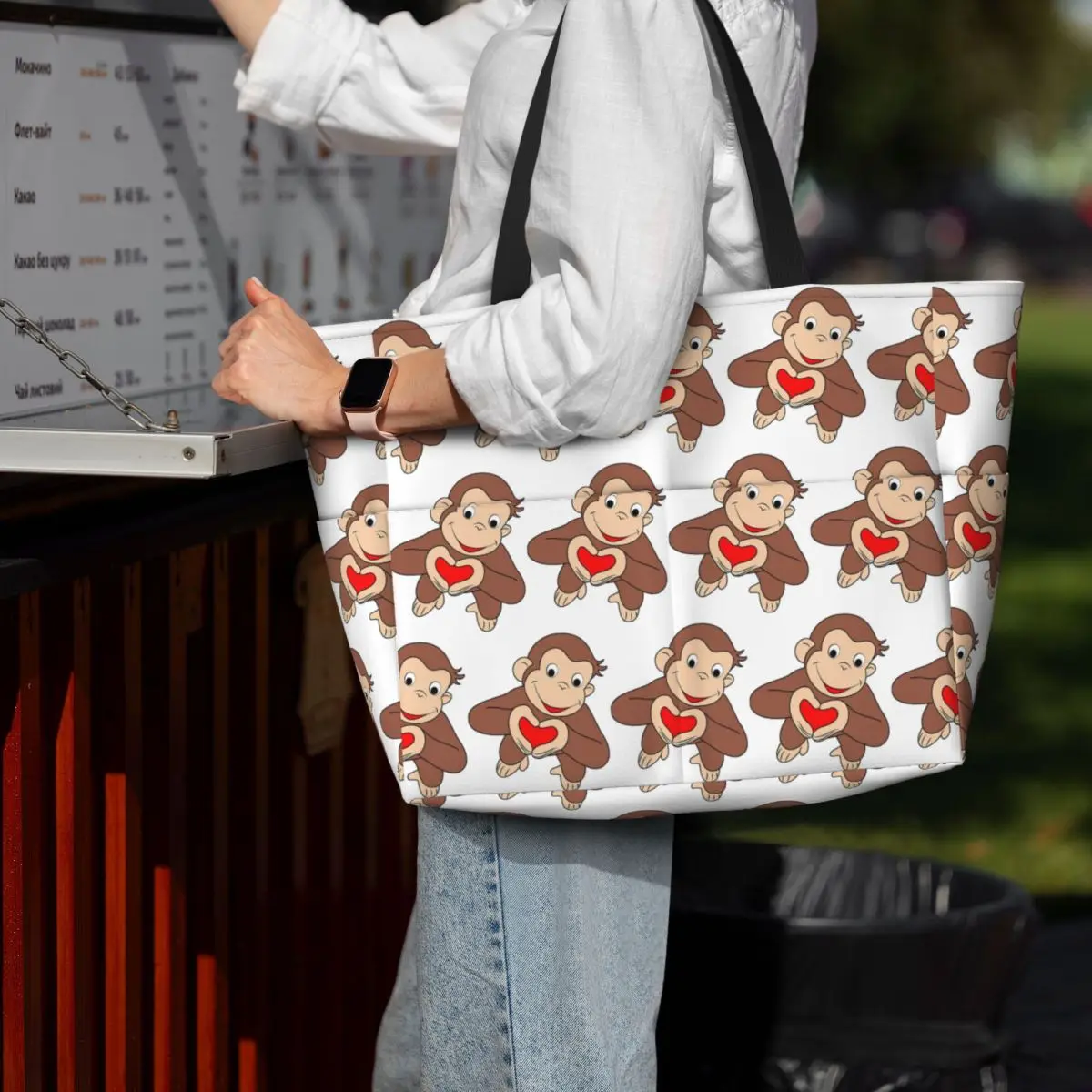 Curious George Is All Heart Beach Tote Bag Sport Gym Yoga Duffle Large Tote Bag Women Travel Bag Fitness bag