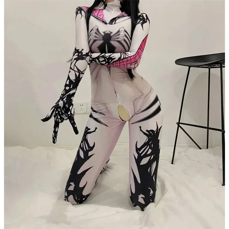 Cosjie Cosplay Spider Sexy Erotic Lingerie Zentai Suit Woman Jumpsuit SuperHero Costume White Bodysuit Fancy Outfit Party  Open