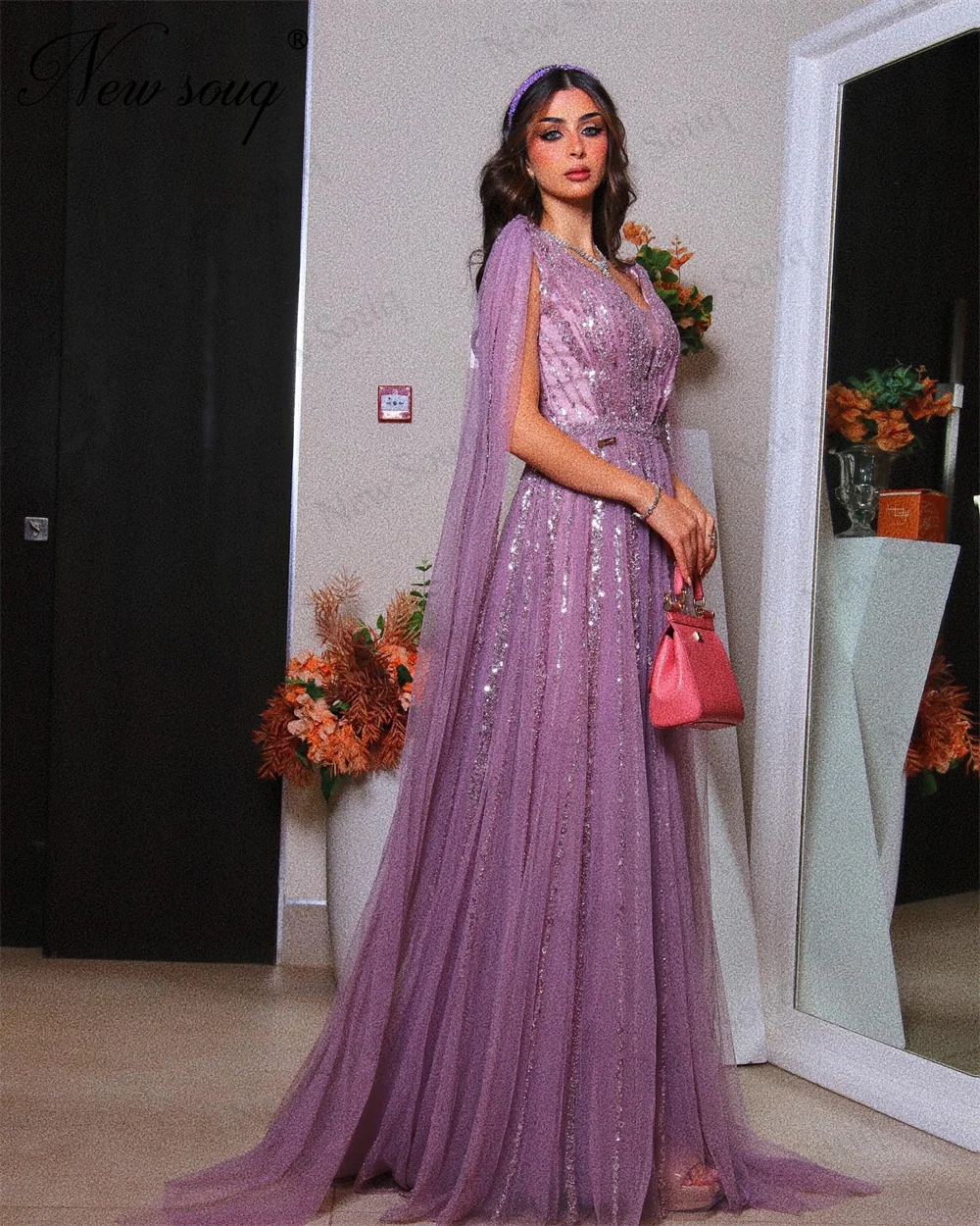 Purple Long Sequins Evening Dresses With Cape Sleeves Haute Coutures Beading Cocktail Dress Pageant Dubai Engagement Party Gowns