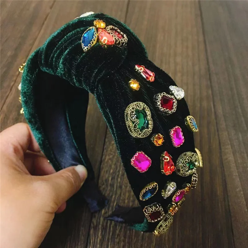 2023 New Design Handmade Retro Baroque Rhinestone Crystal Headbands For Women Velvet Knot Hairband High Quality Headwear