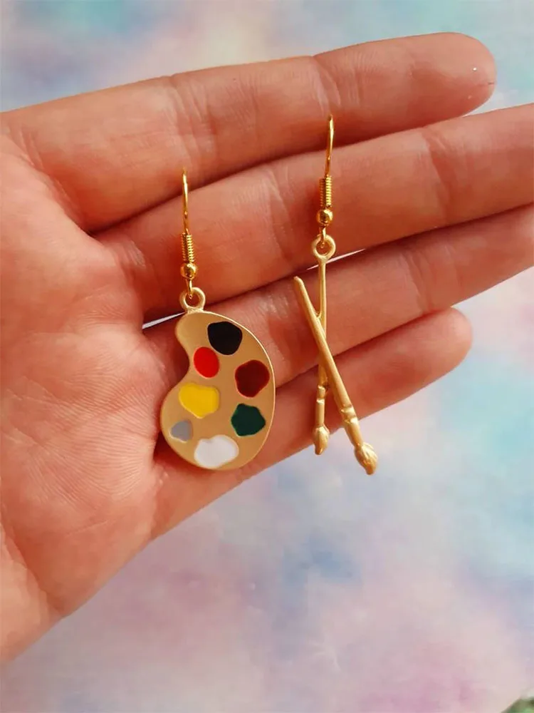 Paint Pallette Charm Earrings Novelty artists pallet paintbrush pierced ear wire drop earrings gold tone