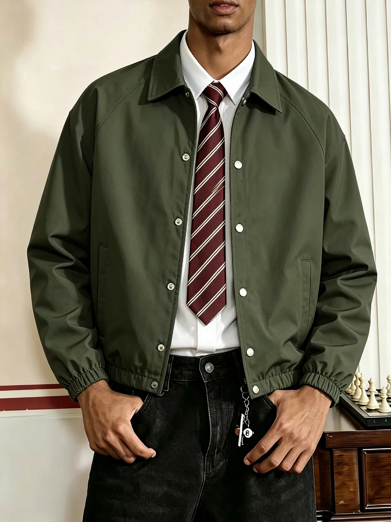 Men's Lapel Button Casual Jacket, American Vintage Loose Fit Commuter Coat, Button Placket Elastic Hem Raglan Sleeve, Side Pocke