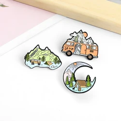 Go Camping Enamel Pins Mountain Moon Tent Motorhome Brooches Shirt Lapel Badge Outdoors Jewelry Gift for Kids Friends Wholesale