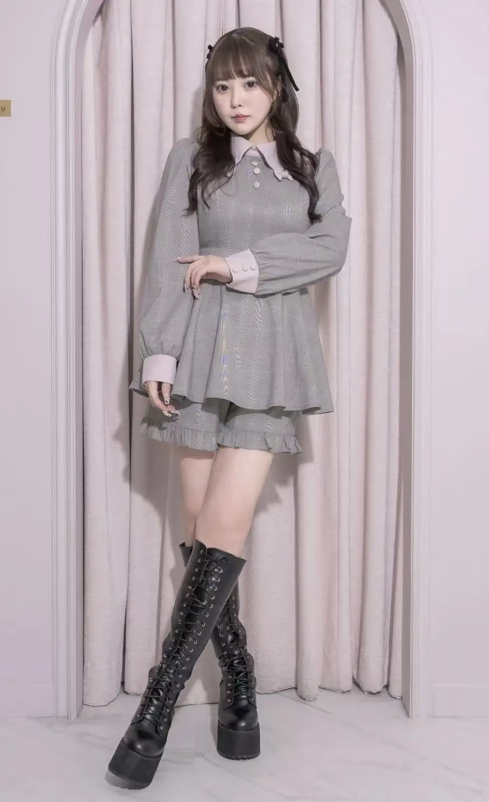 Otoño nuevo 2025 estilo japonés de las mujeres Slim Fit vestido de manga larga y pantalones cortos conjunto niñas dulce elegante Top corto conjunto de 2 piezas