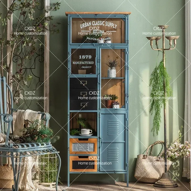 American Retro Chest Cabinet Living Room Industrial Style Storage Unit Creative Wrought Iron Locker Floor Standing Figure