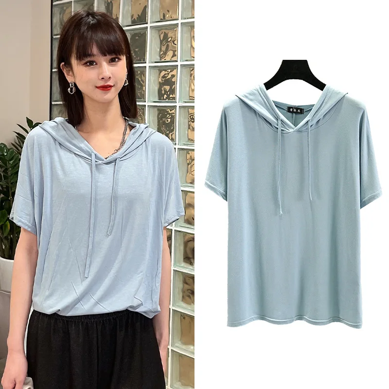 Summer 2025 New Women's Short Sleeve Pajamas modal T-shirt Ladies Hooded Thin Loose Bottom Shirt Top Home Wear Sleepwear