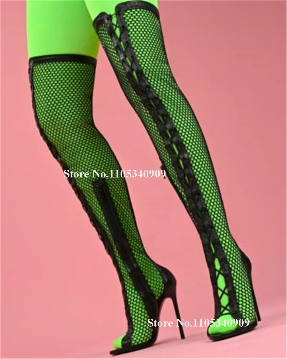 Bondarenko Sexy Black Pink Mesh Stiletto Heel Long Dance Shoes Peep Toe Lace-up Over Knee Thin Heel Party Sandal Boots