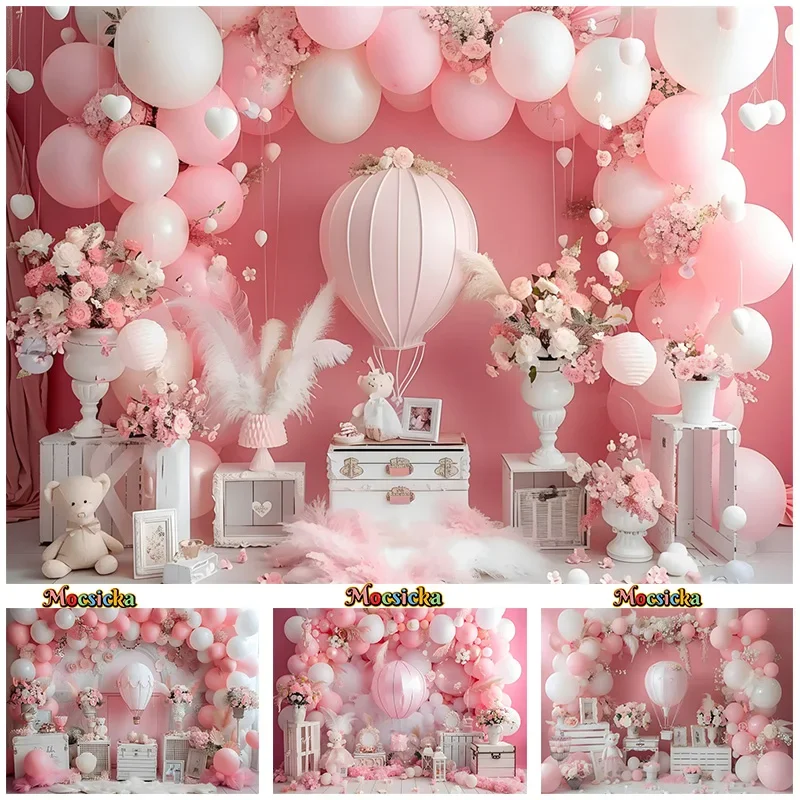 

Mocsicka Happy Birthday Photography Background Cute Girl Balloon Party Floral Backdrop Kid Portrait Cake Smash Photo Banner