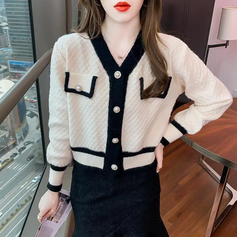 

Women's Knitted Sweater Color Matching Single-breasted Loose Casual Knitted Cardigan Sweater 2022 Spring and Autumn New ER9890