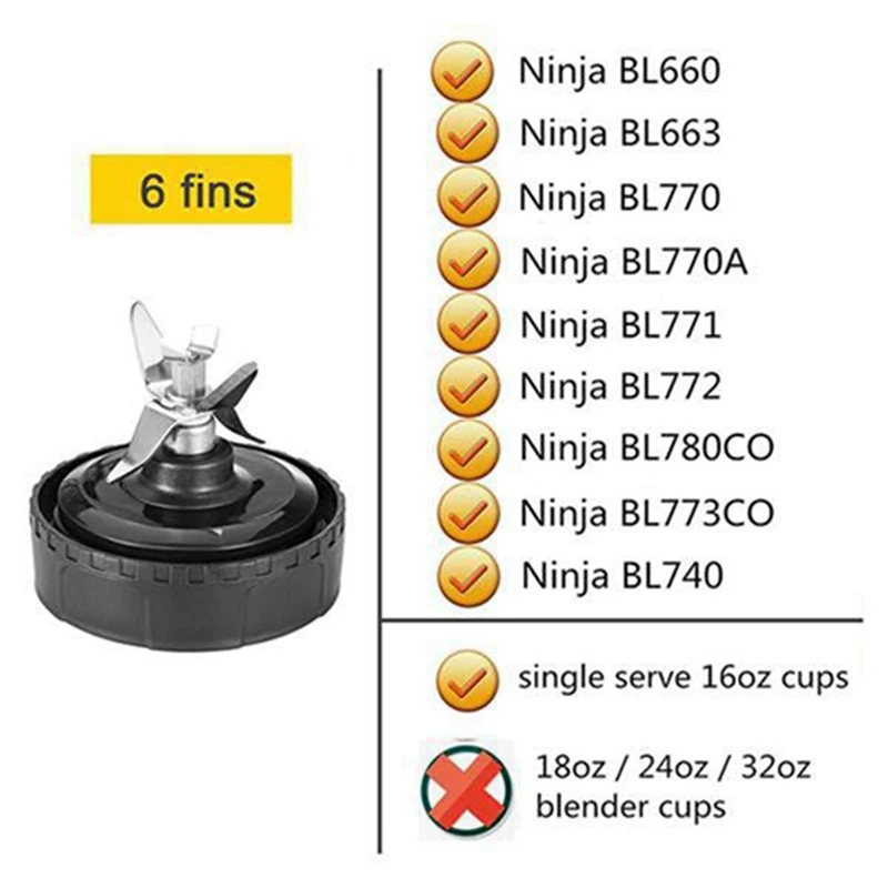 B62B-16 OZ Cup With 2 Lids,And Cup Brush,6 Fins Blade For Ninja,Blender Replacement Parts For Ninja BL660 BL770 BL740 Blender