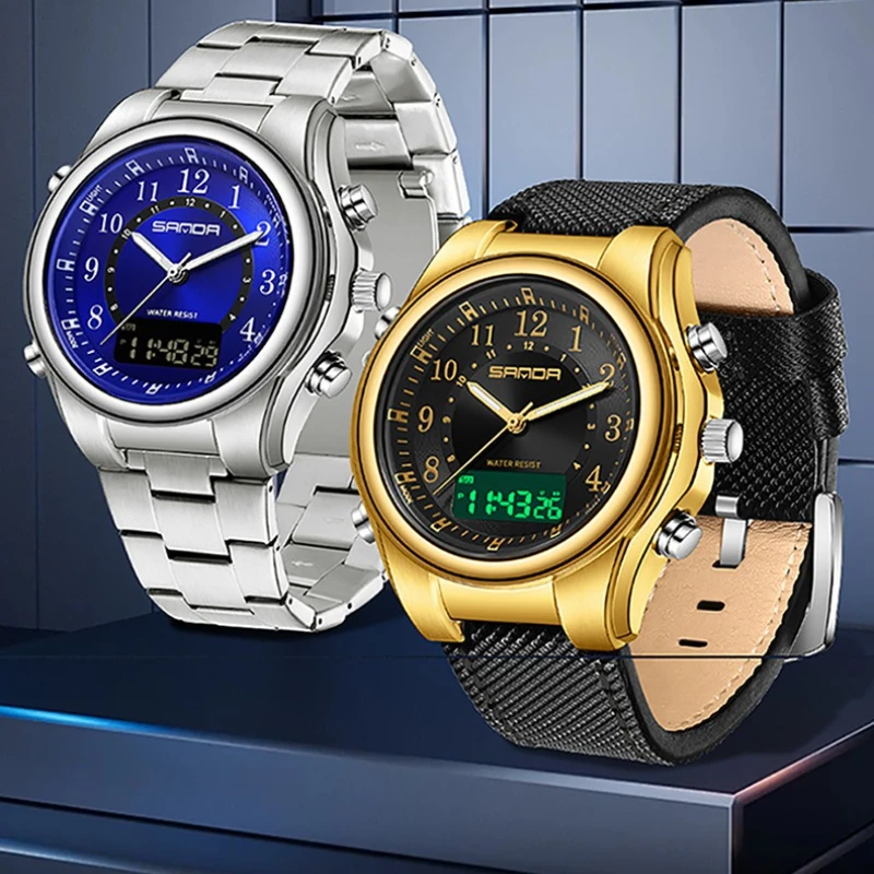 SANDA 3176 Orologio da uomo al quarzo con doppio display alla moda, sveglia impermeabile multifunzionale, cronografo, orologi da uomo Relógio
