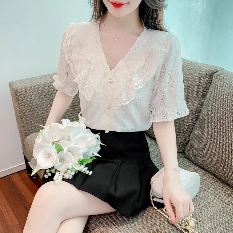 Spitzen-Rüschenhemd mit V-Ausschnitt für Damen im Sommer. Neues französisches, kurzärmeliges Hemd mit süßem Temperament