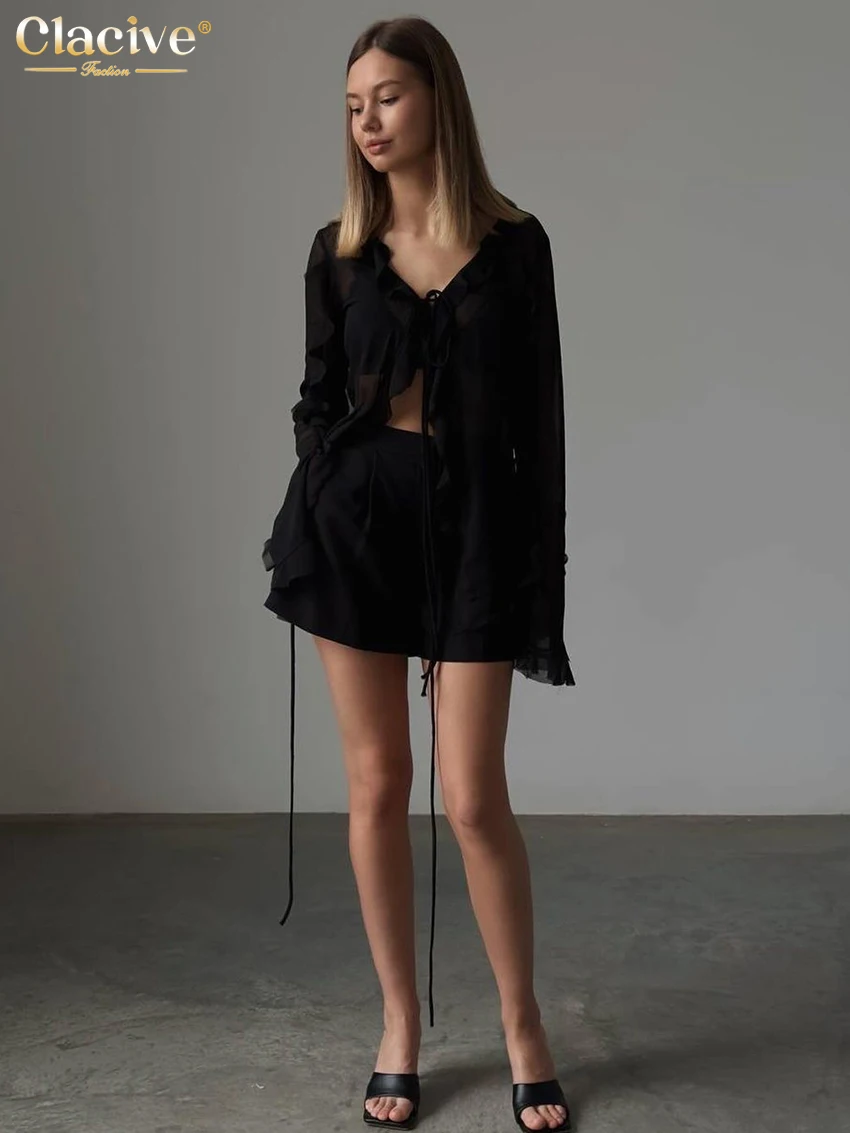 Clacive Fashion Loose Black Women's Shirt 2025 Sexy V-Neck Long Sleeve Shirts Elegant Classic Ruffle Lace-Up Top Female Clothing