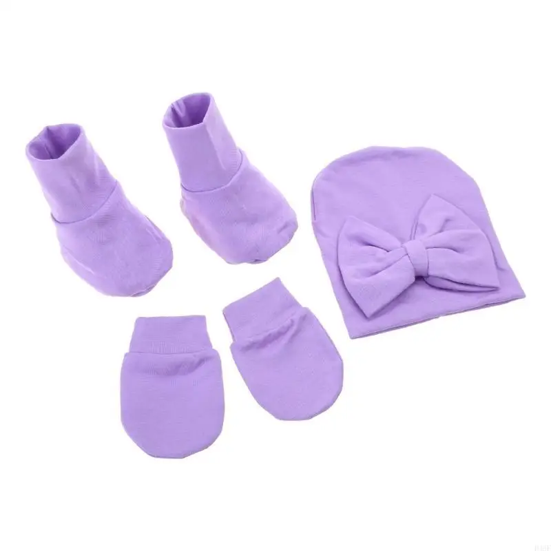 

Baby Bowknot Hat No Scratch Gloves Foot Cover Set Infants Soft Cotton Mittens Socks for Newborn
