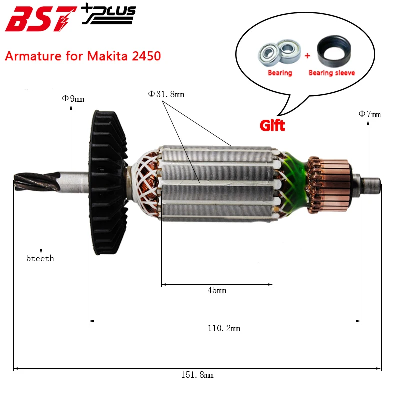 

Original Makita HR2440 HR2440F HR2450 HR2451 HR2450F HR2450FT HR2453 Armature Rotor AC220-240V 5 Teeth Drive Shaft Hammer