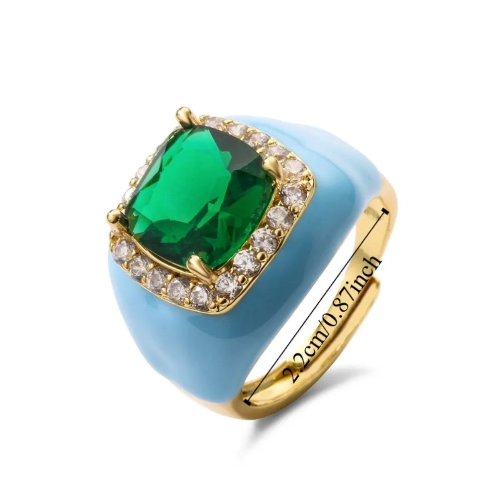 Adjustable Enamel Dripping Oil Ring Gold Plated Rhinestone Zircon Open Ring Punk Style Multicolor Geometric Square Ring Jewelry