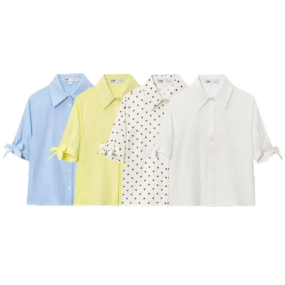 

Autumn new women's casual style lapel, ramie blend short sleeved bow tie shirt top