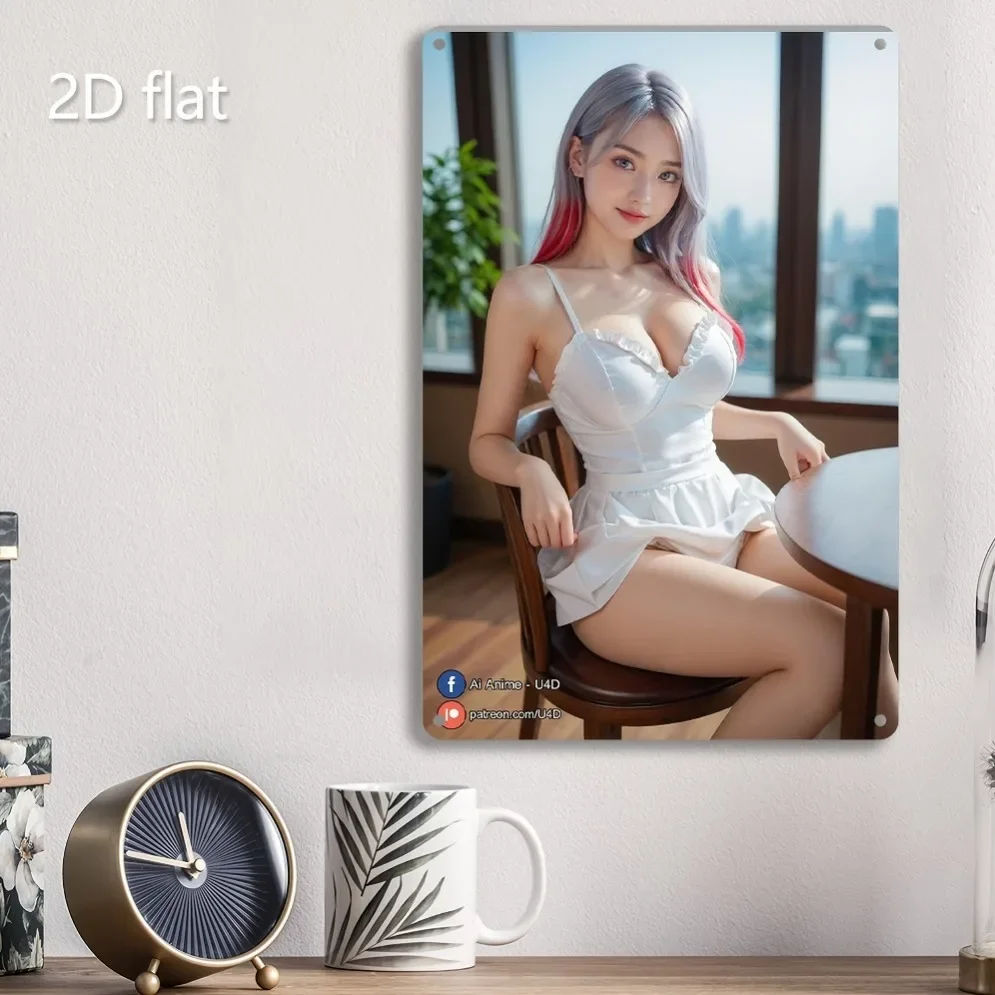 HD Metal Tin Sign Gorgeous Asian Model in White Ruffle Romper Retro Metal Wall Art for Home Decor 8x12 Inch